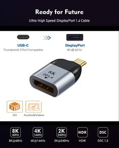 USB-C Thunderbolt 3 (Male) to DisplayPort 1.4 (Female) 8K@60Hz Gold-Plated/Aluminum-Alloy Adapter (Brand New/Warranty)