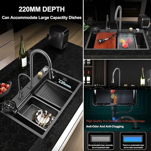 New Stainless Steel Waterfall Sink - Drop In Single Bowl Workstation Sink With Cup Washer (Black, 75x46cm)