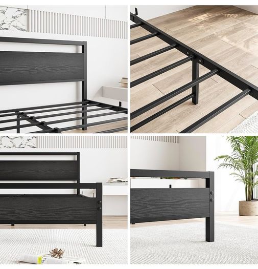 King Size Bed Frame with Wood Headboard,Heavy Duty Metal Platform Bed