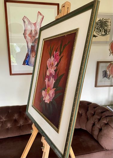 Vintage Peonies Floral Original Acrylic Painting In Ornate Frame