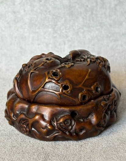 Vintage Chinese Fox And Plum Incense Burner - Patinated Bronze, Signed