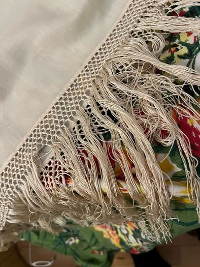 Antique Silk twill cream shawl embroidered deep fringe
