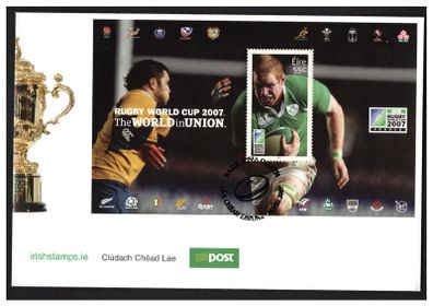 2007 Ireland Rugby 55c World Cup Commemorative Stamp Miniature Sheet An Post First Day Cover (FDC).