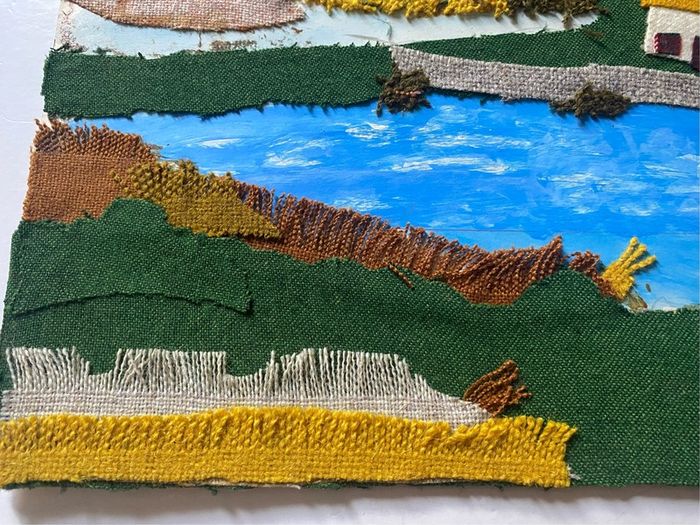 Vintage Upcycled Mixed-Media Textile & Painted Landscape Art unframed