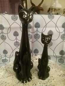 Pair Black Kitsch Mid Century Cat Spill Vases Figurines