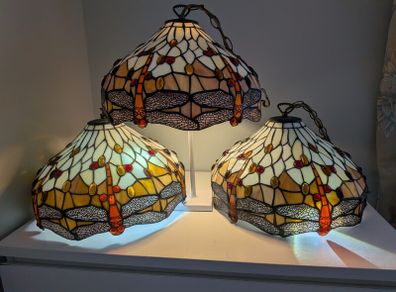 Set of 3 Tiffany Style Dragonfly Ceiling Lights 40cm