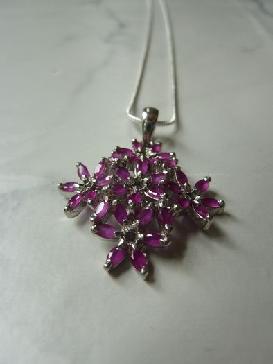 Ruby Cluster Snowflake Pendant Necklace, 925 Sterling Silver, 18 inch Chain