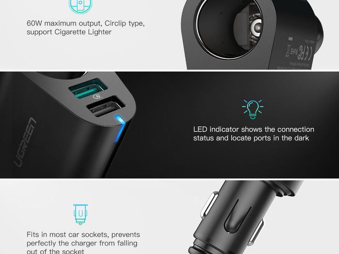 Ugreen QC 3.0 Car Quick Charger Adapter Car Cigarette Lighter Splitter 60W Dual USB (Brand New/Warranty)
