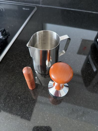 Milk jar and coffee tamper