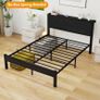 Double Bed Frame with Wooden Storage Shelf Headboard, Metal Platform Bed Frame Double Bed, No Box Spring Needed, Enhanced Support, Black Image 7