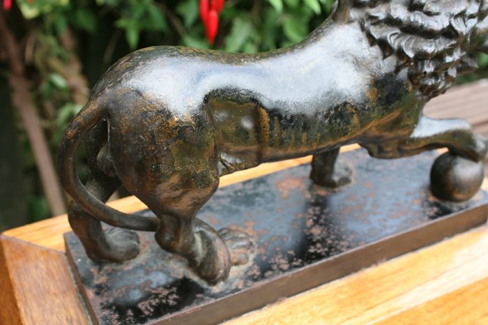 Antique Cast Iron Lion Figurine on Wooden Base