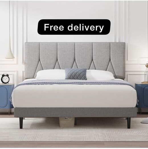 Double Bed Frame, Light Grey, Upholstered Wooden Slat Bed Frame with Headboard