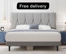 Double Bed Frame, Light Grey, Upholstered Wooden Slat Bed Frame with Headboard