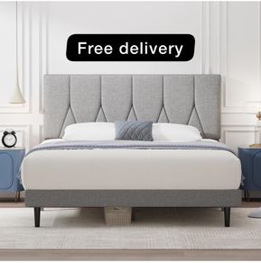 Small Double Bed Frame, Light Grey, Upholstered Wooden Slat Bed Frame with Headboard