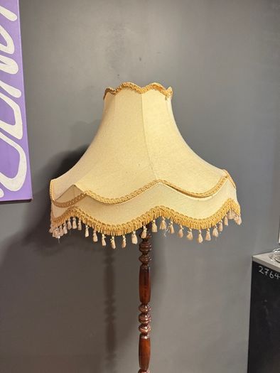 Vintage wooden standard lamp, fringe lampshade