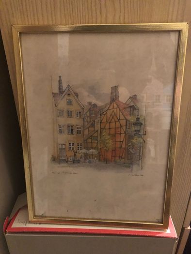 Mads Stage Danish Artist Watercolor Print Lithograph Cafe Buildings