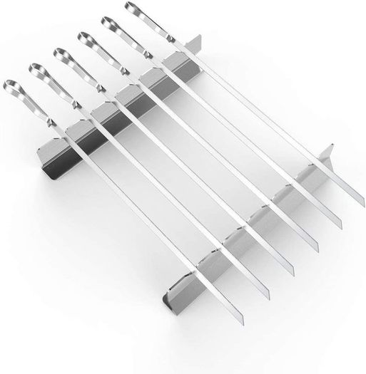 BBQ Skewers,Kebab Skewers Sticks Barbecue Forks 43cm 6-Pack Metal BBQ Skewers 8mm Flat Superior Grilling Skewers Durable and Reusable Barbecue Tool (Rack Included)