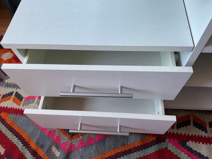 Modern White TV Stand/Media Unit with Drawers & Shelves (on wheels)