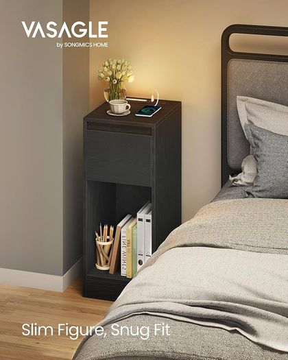 Slim Bedside Tables with Charging Station and LED Light, Set of 2 Narrow Side End Tables, USB Ports, Drawer and Open Compartment, for Bedroom, Living Room, Ebony Black