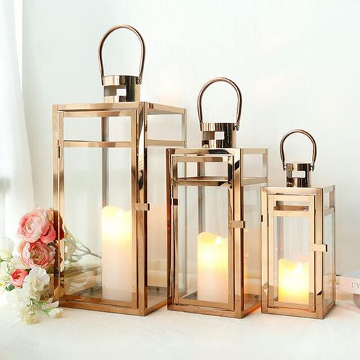 Set Of 3 Stainless Steel Candle Lantern 48cm&38cm&30cm High Metal Candle Holder With Clear Glass Panels Perfect For Home Decor Living Room Parties Events Tabletop Indoors Outdoors (Rose Gold)