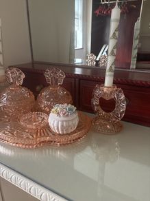 Vintage Pink Glass Dressing Table Set | Art Deco Style