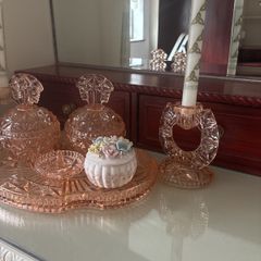 Vintage Pink Glass Dressing Table Set | Art Deco Style