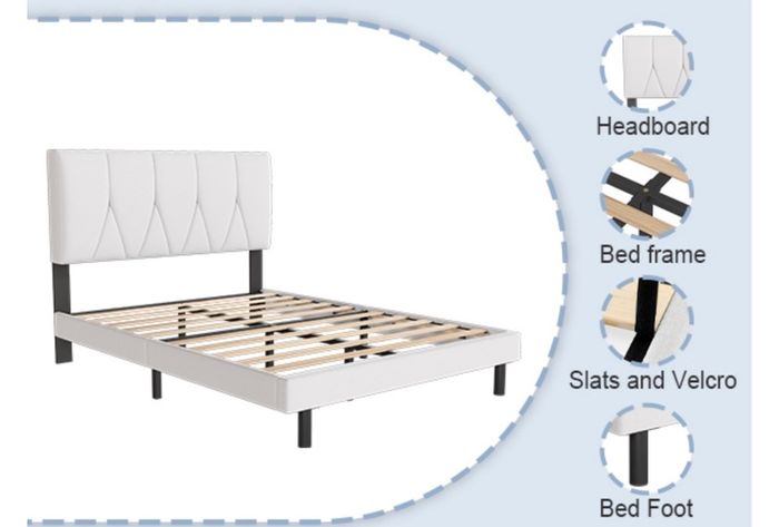 King Bed Frame, White, Upholstered Wooden Slat Bed Frame with Headboard, Easy Assembly, Underbed Storage, No Box Spring Needed 150x200