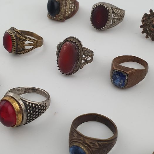 15 Antique Style Brass Rings Mixed Stone & Colourful Glass Accents