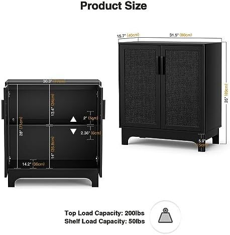 Sideboards for Living Room Black Kitchen Storage Cupboard Accent Cabinet with Adjustable Shelves, Magnetic Closure, Anti-tip