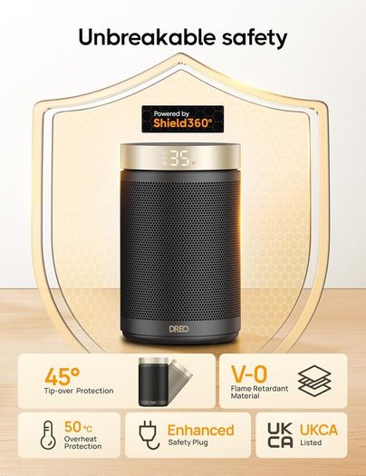 Dreo Electric Heater, 1500W Energy Efficient Space Room Heater, Upgrade Remote Portable Ceramic Fan Heaters, Thermostat, 3 Modes 12H Timer, Overheat & Tip Over Protection, for Bedroom, Atom 316, Gold