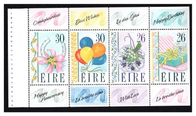 1990 Ireland Greetings Commemorative Stamps Booklet Pane Mint Never Hinged (MNH). Hibernian HP34