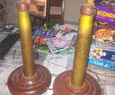 Two Old Military Brass Shell Lamps on Mahogany Bases