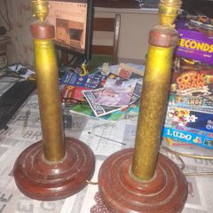 Two Old Military Brass Shell Lamps on Mahogany Bases