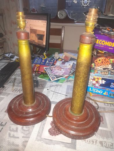 Two Old Military Brass Shell Lamps on Mahogany Bases