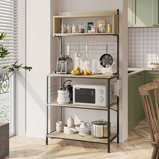 80cm Bread Rack & Microwave Rack with 4 Shelves, Multi-functional Coffee Bar Shelf, 8 Side Hooks, Open Shelf Suitable for Kitchens, Dining Rooms, Living Rooms (oak)