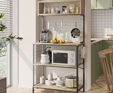 80cm Bread Rack & Microwave Rack with 4 Shelves, Multi-functional Coffee Bar Shelf, 8 Side Hooks, Open Shelf Suitable for Kitchens, Dining Rooms, Living Rooms (oak)
