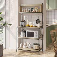 80cm Bread Rack & Microwave Rack with 4 Shelves, Multi-functional Coffee Bar Shelf, 8 Side Hooks, Open Shelf Suitable for Kitchens, Dining Rooms, Living Rooms (oak)
