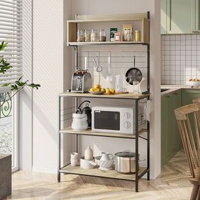 80cm Bread Rack & Microwave Rack with 4 Shelves, Multi-functional Coffee Bar Shelf, 8 Side Hooks, Open Shelf Suitable for Kitchens, Dining Rooms, Living Rooms (oak)