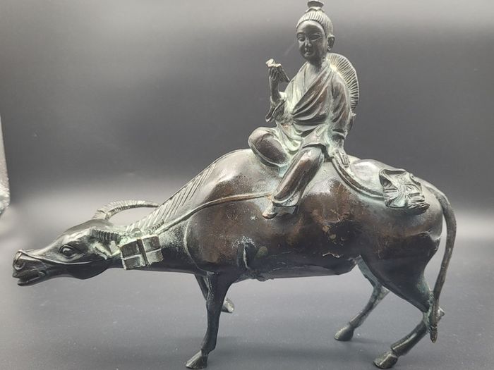 Antique Chinese Bronze of Lohan Seated On An Ox 19th Century