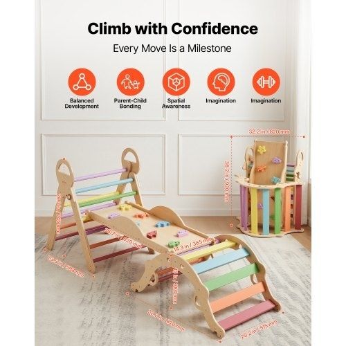 Pikler Triangle Set, 9-in-1 Toddler Climbing Toys Indoor, with Xylophone, Cushion, Triangle, Arch, and Ramp, 68 kg Load, Foldable Montessori Climbing Set for Toddlers and Kids, Rainbow