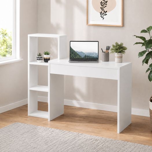 White Computer Desk Office Desk with Integrated Storage Shelves 110cm
