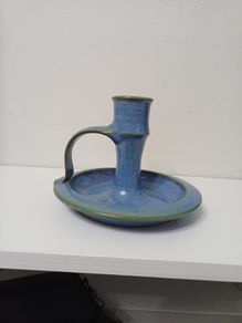 Vintage Studio Pottery Chamberstick Candle Holder, Mottled Blue & Green Glaze