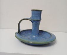 Vintage Studio Pottery Chamberstick Candle Holder, Mottled Blue & Green Glaze
