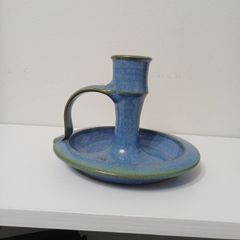 Vintage Studio Pottery Chamberstick Candle Holder, Mottled Blue & Green Glaze