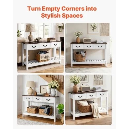 120 cm Console Table, Farmhouse Desk Behind the Couch with Drawers and Bottom Storage Shelf, Wooden Rectangle Entrance Narrow Sofa Table for Hallway, Bedroom, Living Room, Foyer, Brown + White