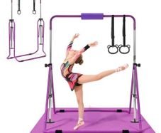 Gymnastic Bars for Kids, 63.5 kg Capacity Folding Training Kip Bar with Mat, Adjustable Height Gymnastic Horizontal Bar for Home, Training Equipment for Indoor Outdoor, Easy to Assemble, Purple