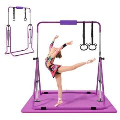 Gymnastic Bars for Kids, 63.5 kg Capacity Folding Training Kip Bar with Mat, Adjustable Height Gymnastic Horizontal Bar for Home, Training Equipment for Indoor Outdoor, Easy to Assemble, Purple