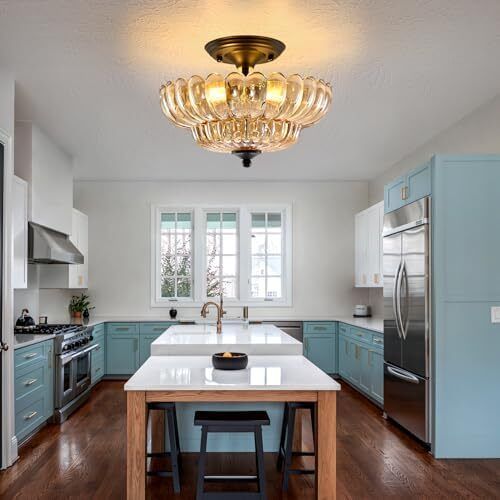 Modern Black Ceiling Light Fixture, Amber Glass Flush Mount Chandeliers, Semi Flush Mount Ceiling Light Fixture Suitable for Living Room Hallway Kitchen Bedroom