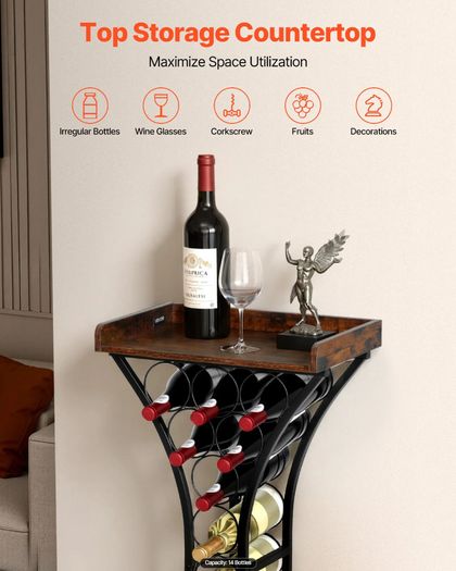 15 Bottle Wine Rack,Iron Freestanding Floor Wine Holder, Mini Bar Stand Liquor Cabinet with Wood Tabletop, For Home Bar,Kitchen,Living Room,Dining Room