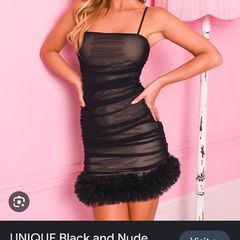 Tags on black mesh dress in black and nude underlay uk14